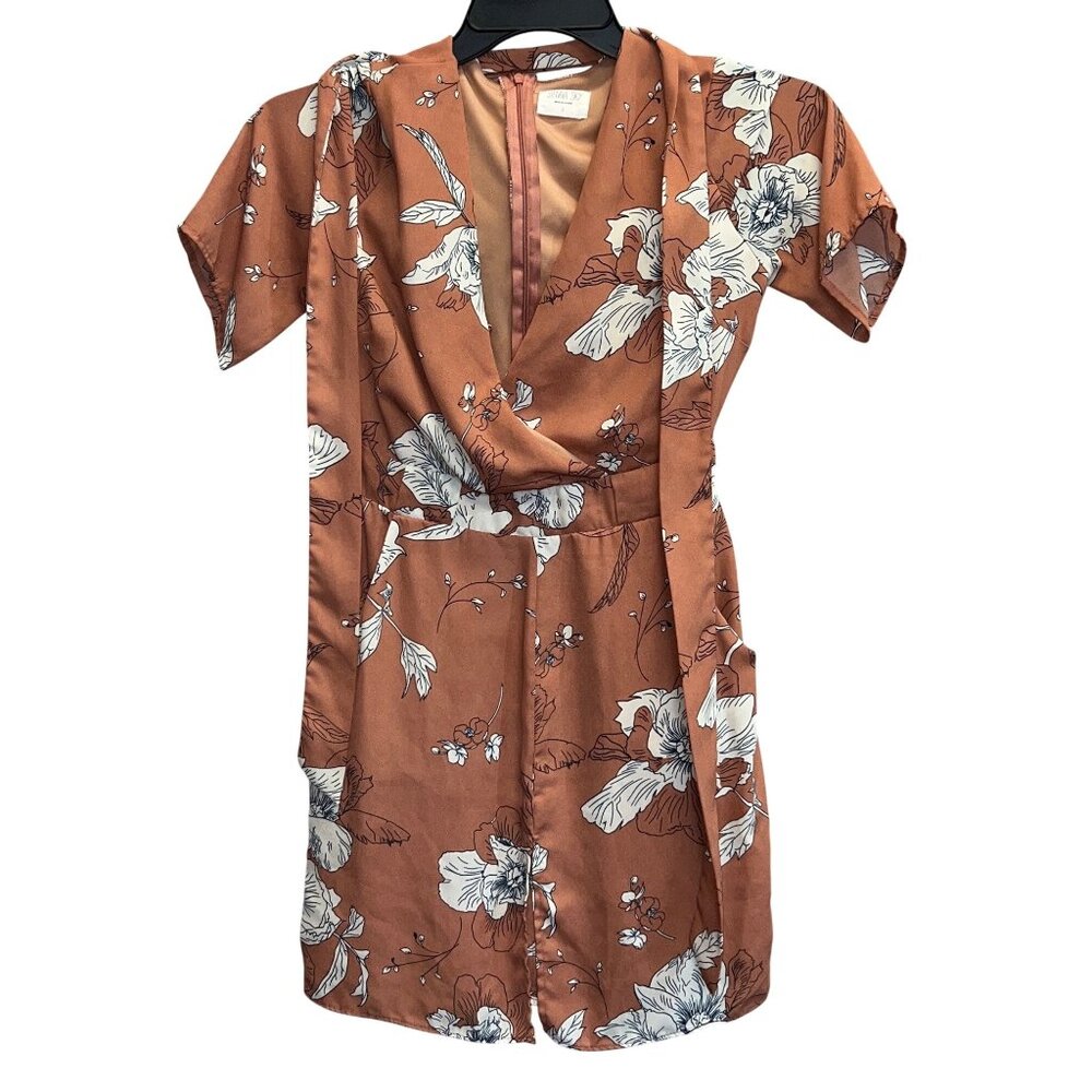 Sienna Sky Womens Floral Dress Side Pockets Orange White Short Sleeve Small Belt